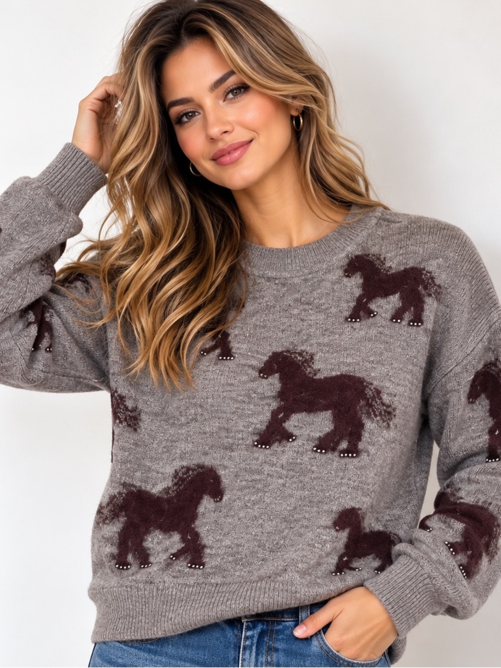 176.New Cozy Horse-Patterned Knit Sweater with Beaded - Gray